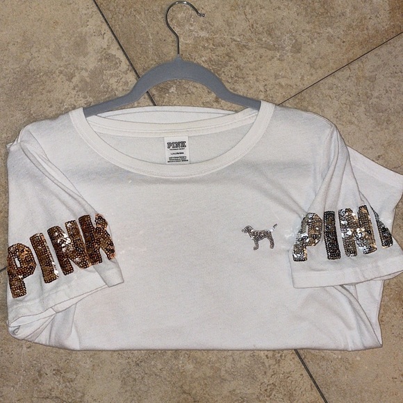 Victoria Secerts Pink Bling White Tee Silver and Rose Gold Sequin Little Dog Y2K - Picture 5 of 8